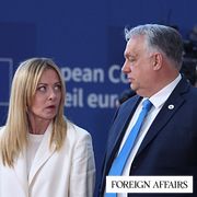 Italy’s Prime Minister Giorgia Meloni, left, speaks with Hungary’s Prime Minister Viktor Orban.