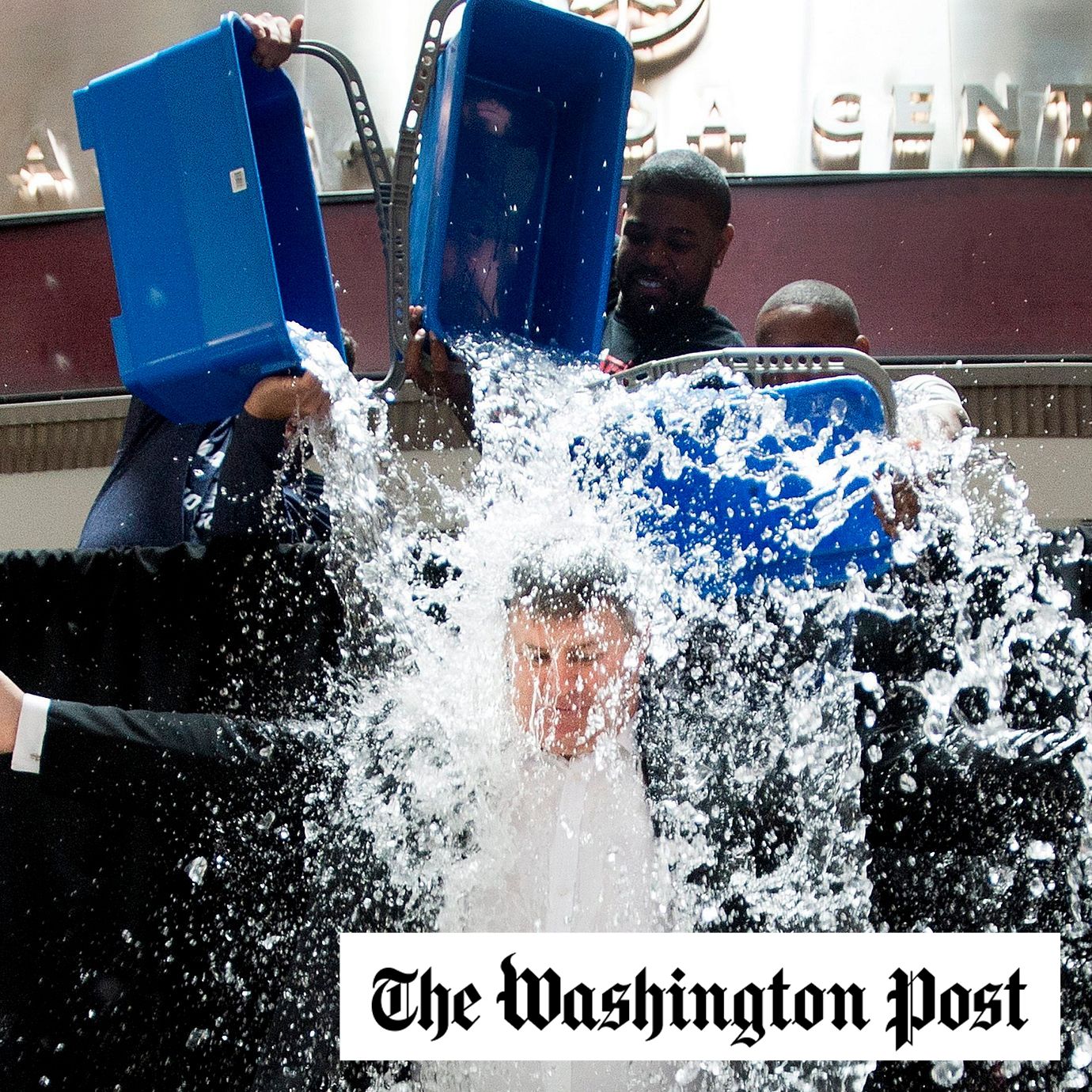 In this Aug. 20, 2014, file photo, Tim Leiweke, President and CEO of Maple Leaf Sports Entertainment, participates in the ALS Ice Bucket Challenge as Nazem Kadri, rear left, of the Toronto Maple Leafs, Amir Johnson, center, of the Toronto Raptors and Jermain Defoe, right, of Toronto FC dump ice water on him in Toronto. Pete Frates, who was stricken with amyotrophic lateral sclerosis, or ALS, and inspired the Ice Bucket Challege, died Monday, Dec. 9, 2019. He was 34.