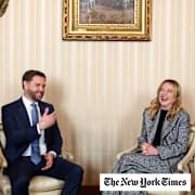 Italy's Prime Minister Giorgia Meloni, right, and US Vice President JD Vance hold a bilateral meeting during his visit to the 2026 Winter Olympics, in Milan, Italy, Friday, Feb. 6, 2026.