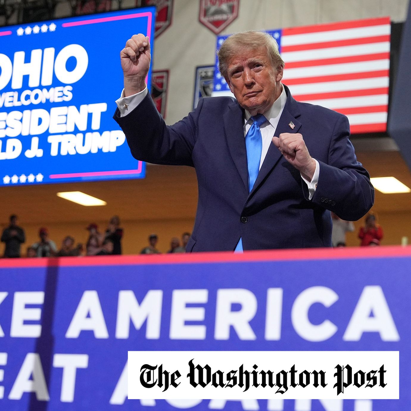 President Donald Trump dances as he departs after speaking during an event at Butler High School in Vandalia, Ohio.