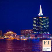 Night view over the harbour of Lagos, Nigeria.