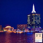 Night view over the harbour of Lagos, Nigeria.