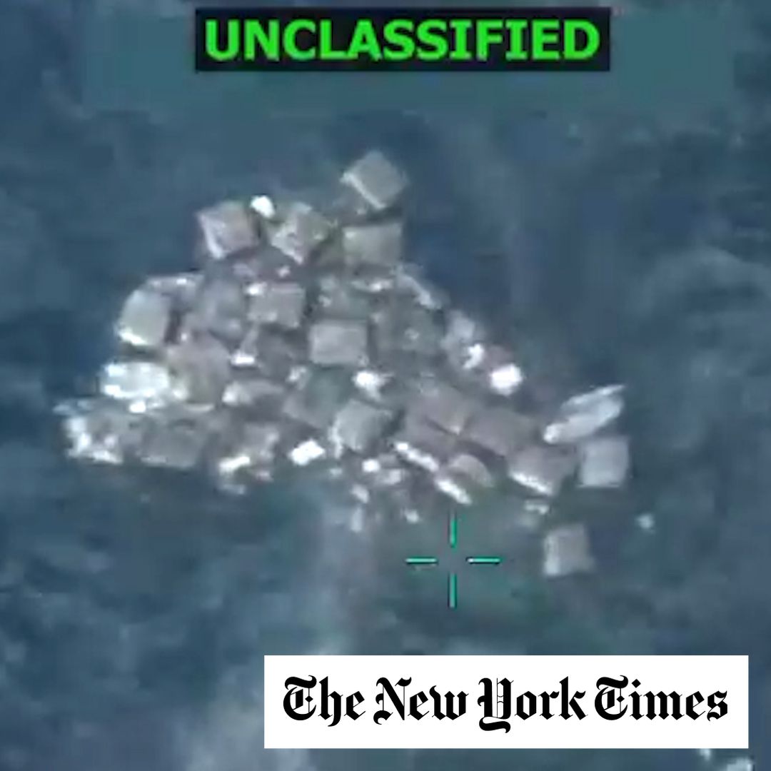 In a still image from video released by the Pentagon, what appear to be packages float in the water after a boat was destroyed in a U.S. strike in the eastern Pacific Ocean on October 22, 2025.