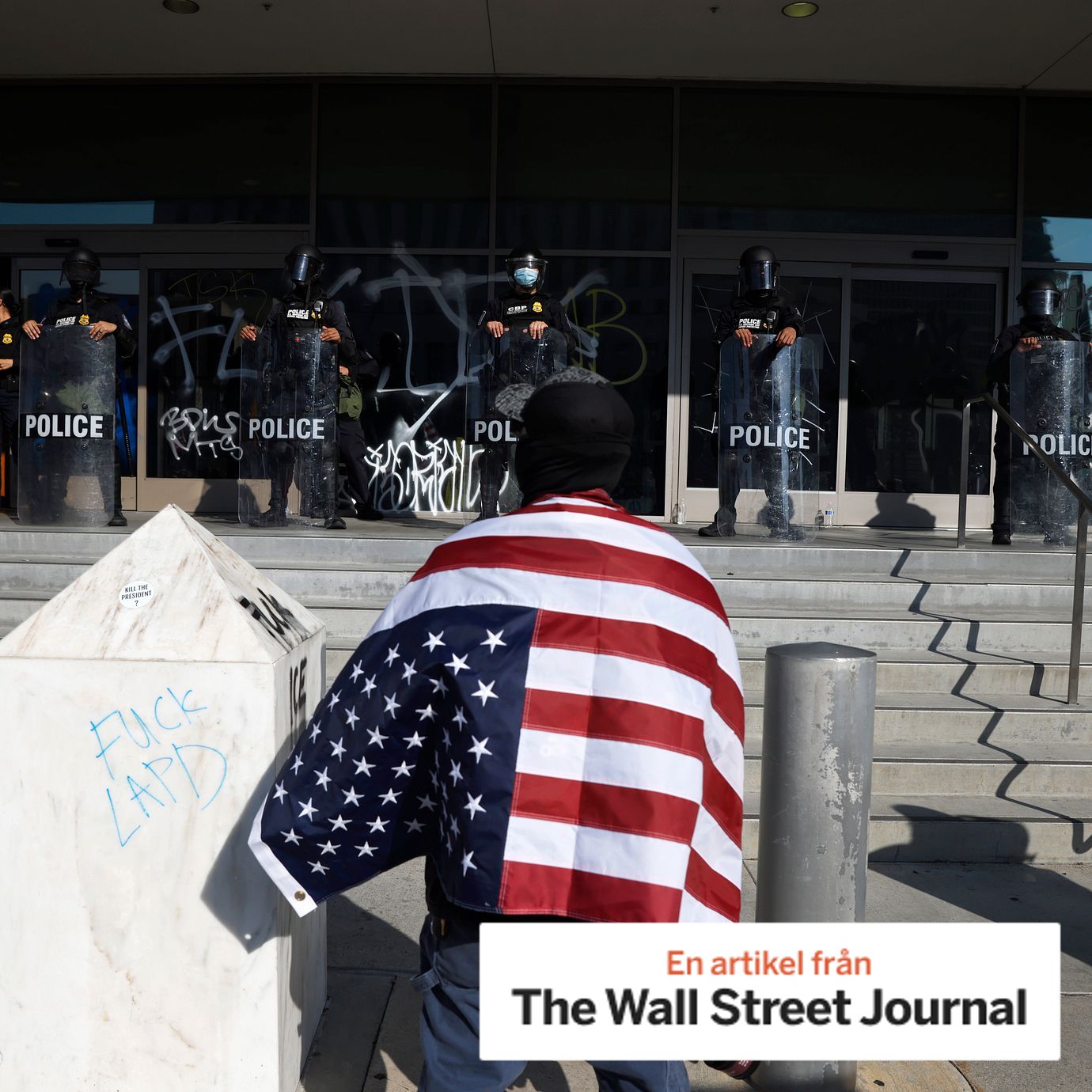 A protester draped in an American flag stands in front of the Federal Building in Los Angeles during a demonstration in response to a series of United States Immigration and Customs Enforcement (ICE) raids throughout the country, June 10, 2025.