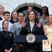 Kamala Harris speaks from the South Lawn of the White House in Washington, July 22, 2024, during an event with NCAA college athletes.