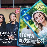 Socialdemokraternas, med riksdagsledamot Lawen Redar (S) och partiledare Magdalena Andersson (S), samt Kristdemokraternas, med partiledare Ebba Busch (KD), valaffischer vid Skanstull inför riksdagsvalet 2026 den 13 september.