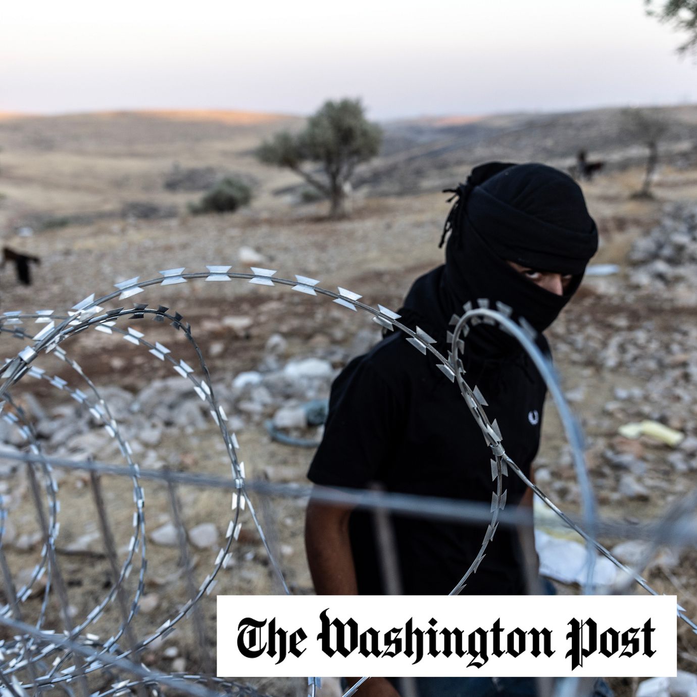 A masked young Israeli Jewish settler harasses the Kaabnah family, who now live with razor-sharp barbed wire surrounding their property.