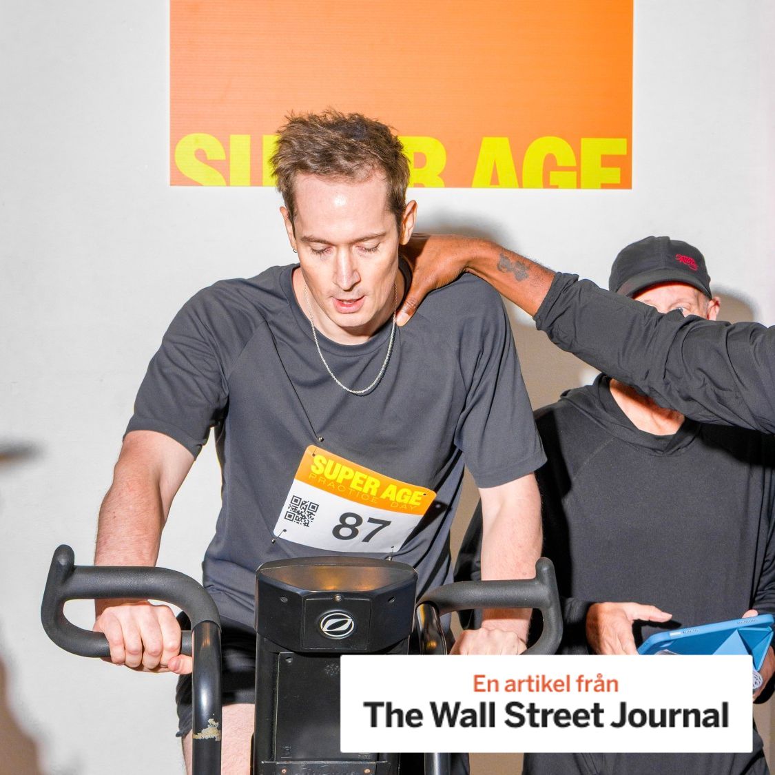 Jamie Waters rides a stationary ‘air bike’ that tests VO2 max, or how much oxygen your body can use at once.