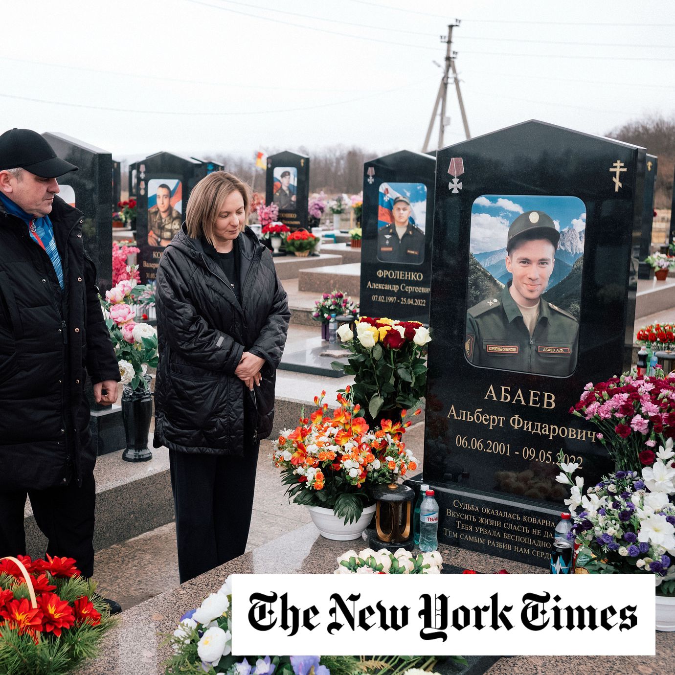 Oksana Abaeva and her husband, Khetag Zaseyev, at the grave of her son, Albert Abaev, in Vladikavkaz, the capital of the Russian region of North Ossetia.