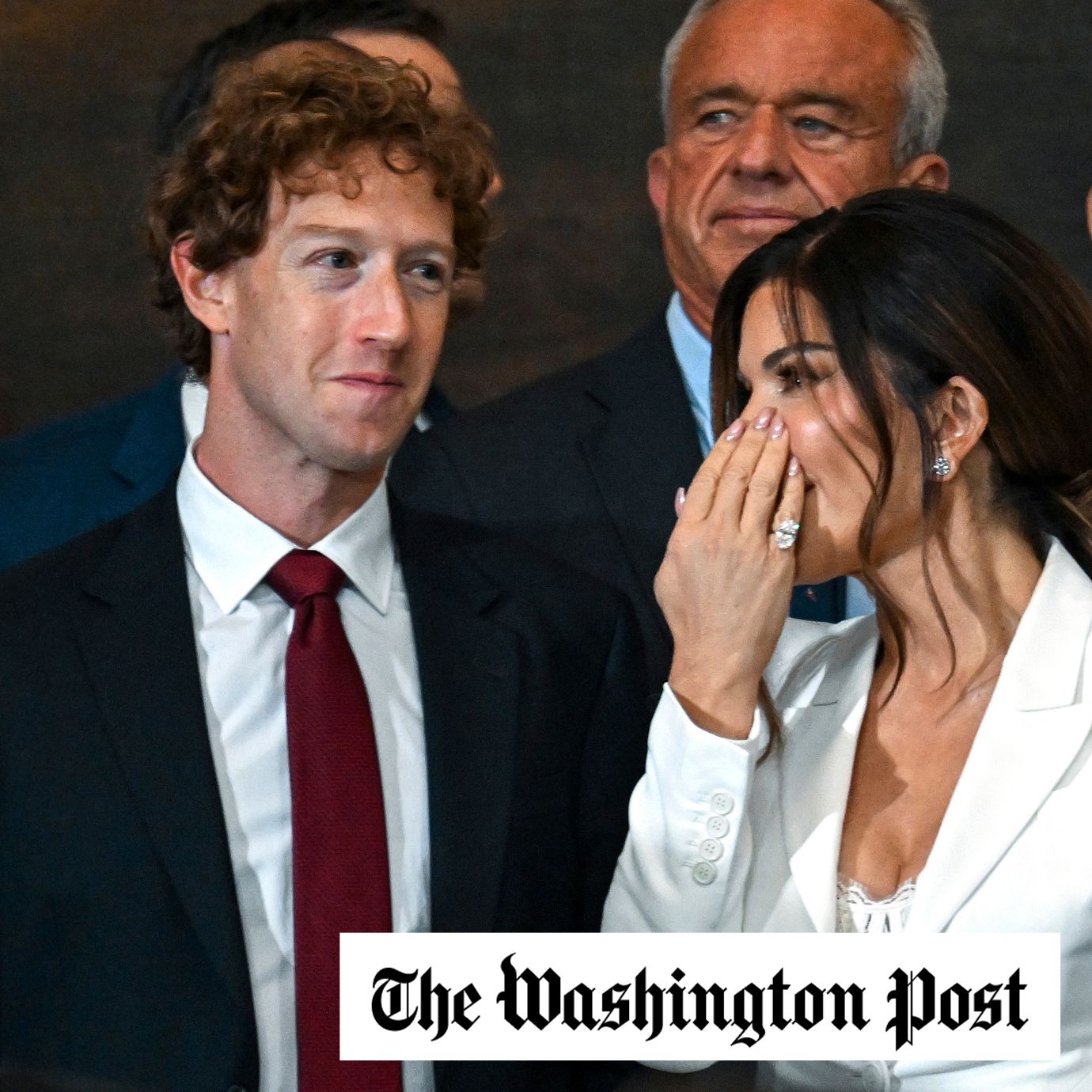 Mark Zuckerberg, left, and Lauren Sanchez stand before the 60th Presidential Inauguration in the Rotunda of the U.S. Capitol in Washington, Monday, Jan. 20, 2025.