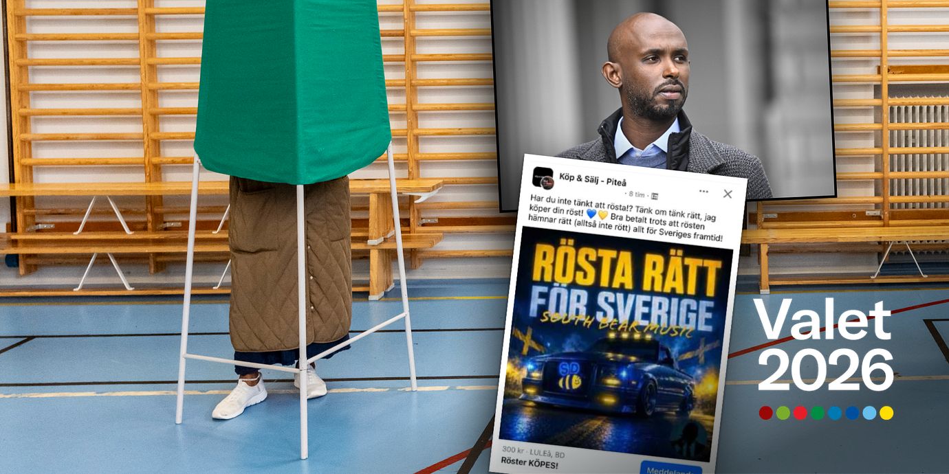 Väljare röstar i en vallokal den 13 september. På bilden till höger Vänsterpartiets kryssraket Mohamed Ali, som är huvudpersonen i utredningen av misstänkt valfusk i Borlänge. Själv nekar han till all inblanding. Nederst i bild en skärmdump från en annons för röstköp. SD har tagit avstånd från tilltaget och nekar till inblandning.