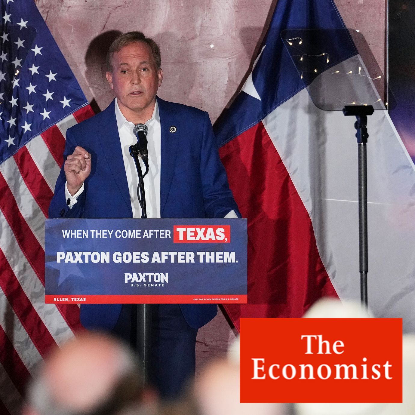 Republican U.S. Senate candidate Ken Paxton speaks to attendees at a stop during his campaign’s bus tour, Oct. 19, 2026.
