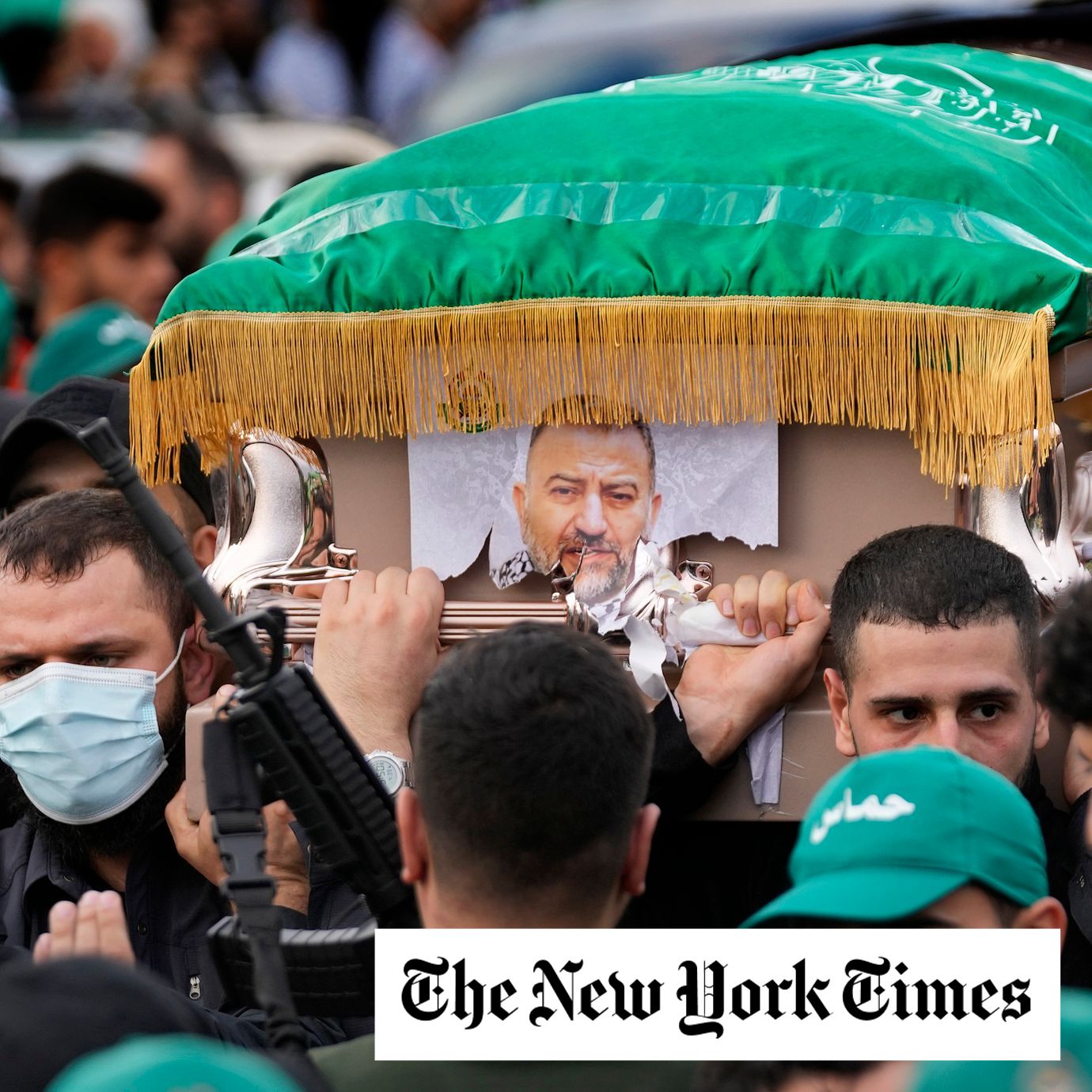 Hamas members carry the coffin of Saleh Arouri, one of the top Hamas commanders, who was killed in an apparent Israeli strike Tuesday, during his funeral in Beirut, Lebanon, Thursday, Jan. 4, 2024.