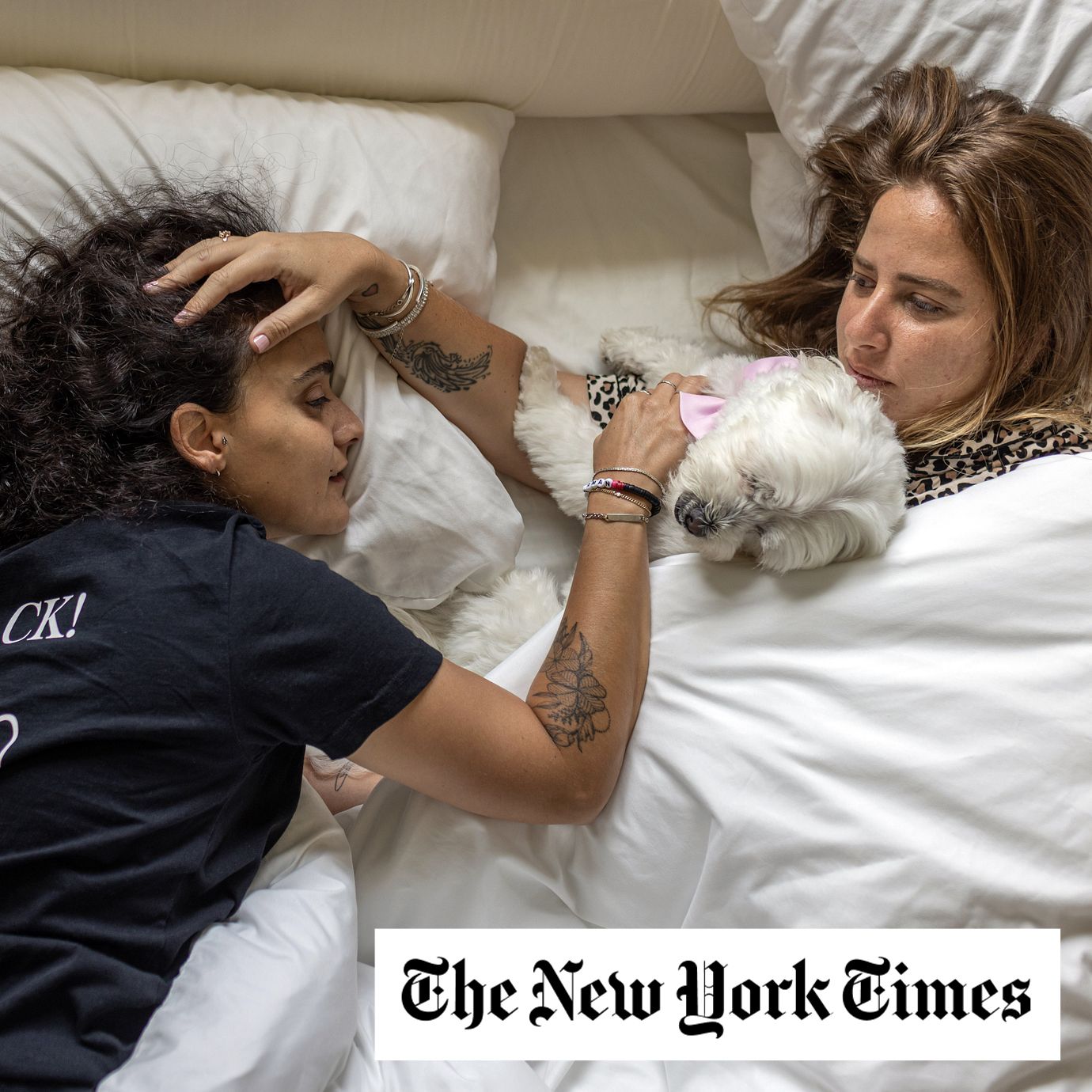 Emily Damari, left, with her partner Danielle Amit and Mayo the dog. After nearly 500 days of captivity in Gaza, Damari was released.