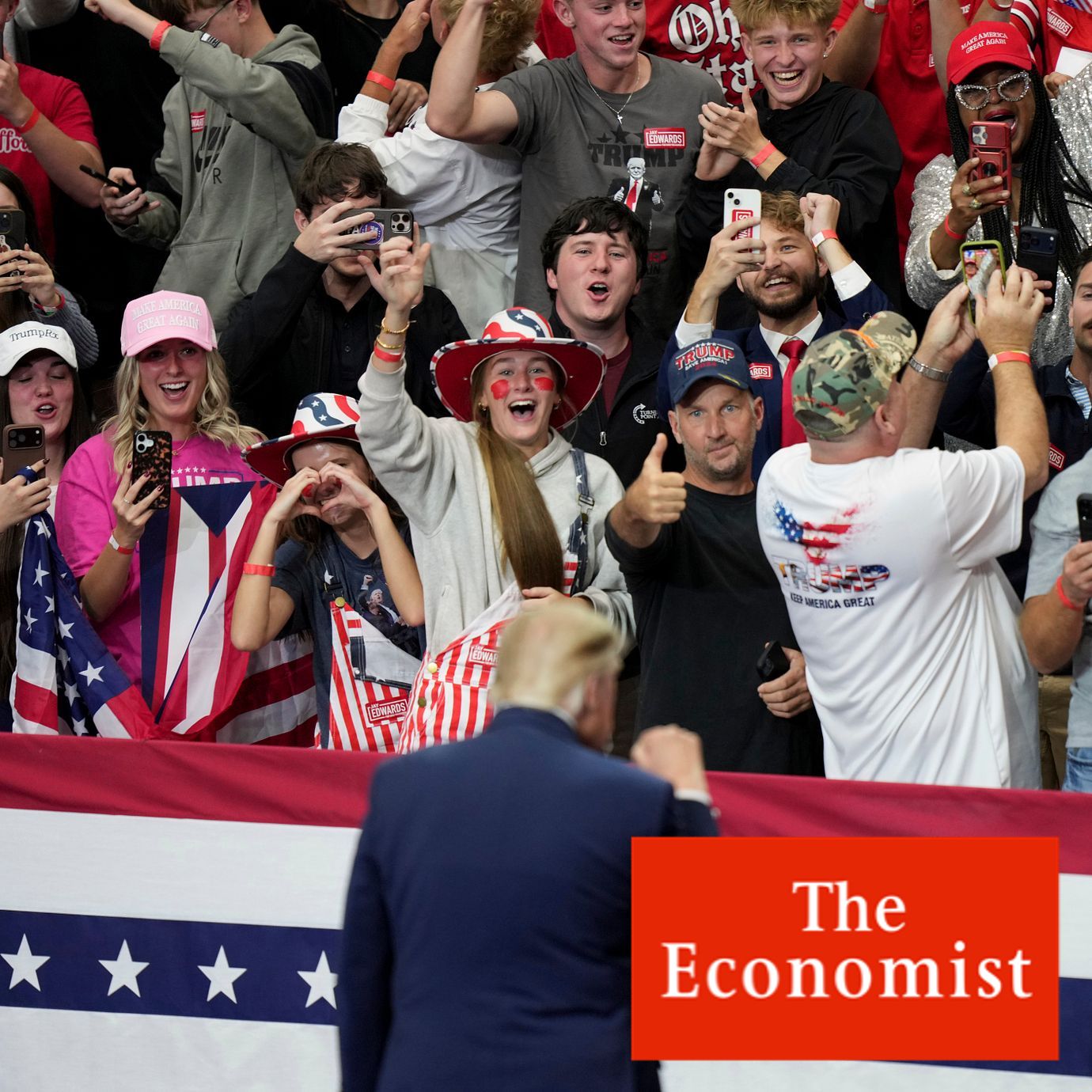Attendees react as President Donald Trump arrives to speak during a midterm election rally, Saturday, Oct. 3, 2026, in Vandalia, Ohio.