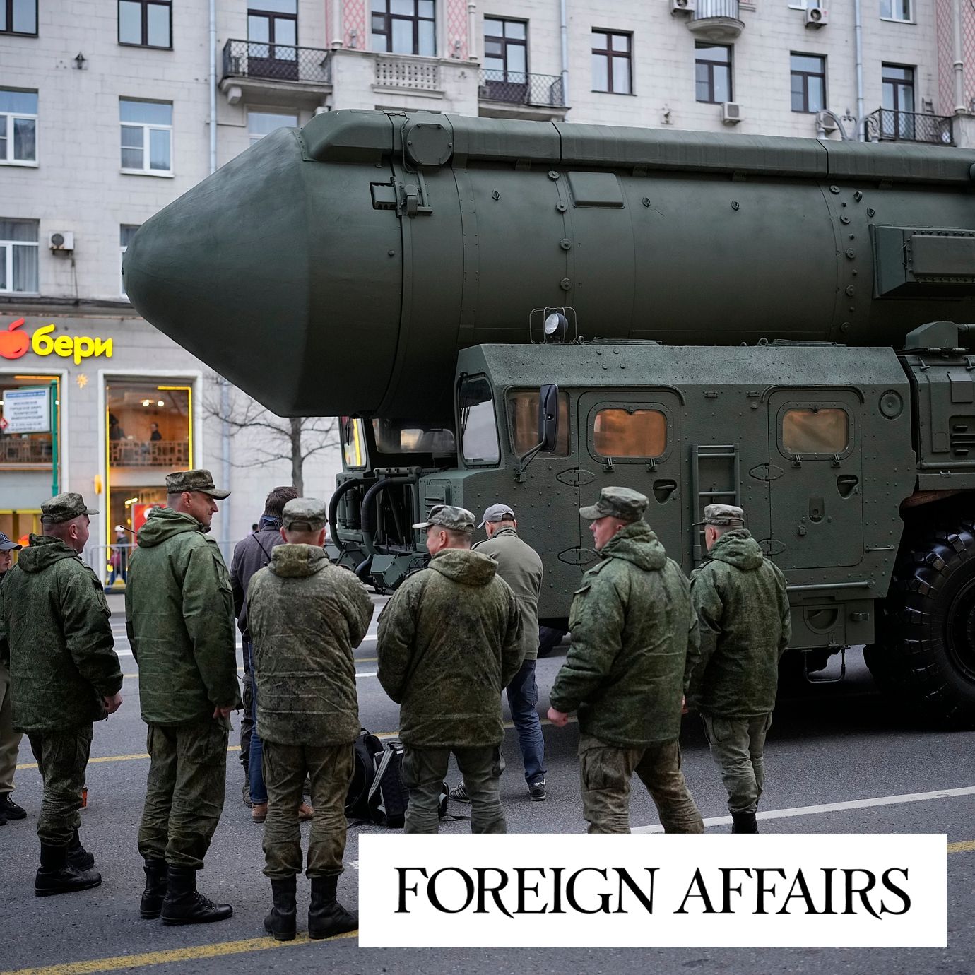 Soldiers stand next to a Russian RS-24 Yars ballistic missile parked along Tverskaya street prior to a rehearsal for the Victory Day military parade in Moscow, on Thursday, May 2, 2024.