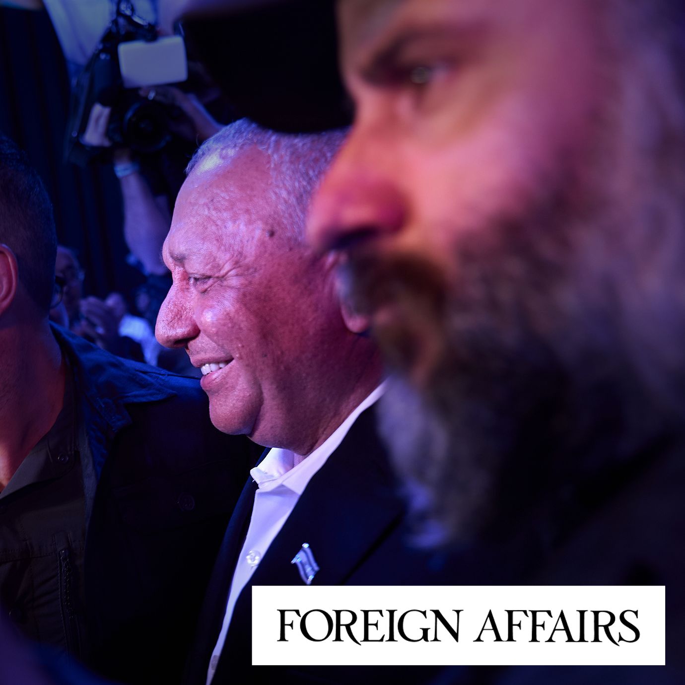 Gadi Eisenkot, leader of the Yashar (”Straight”) party, arrives at a campaign rally surrounded by his security team ahead of Israel’s general election.