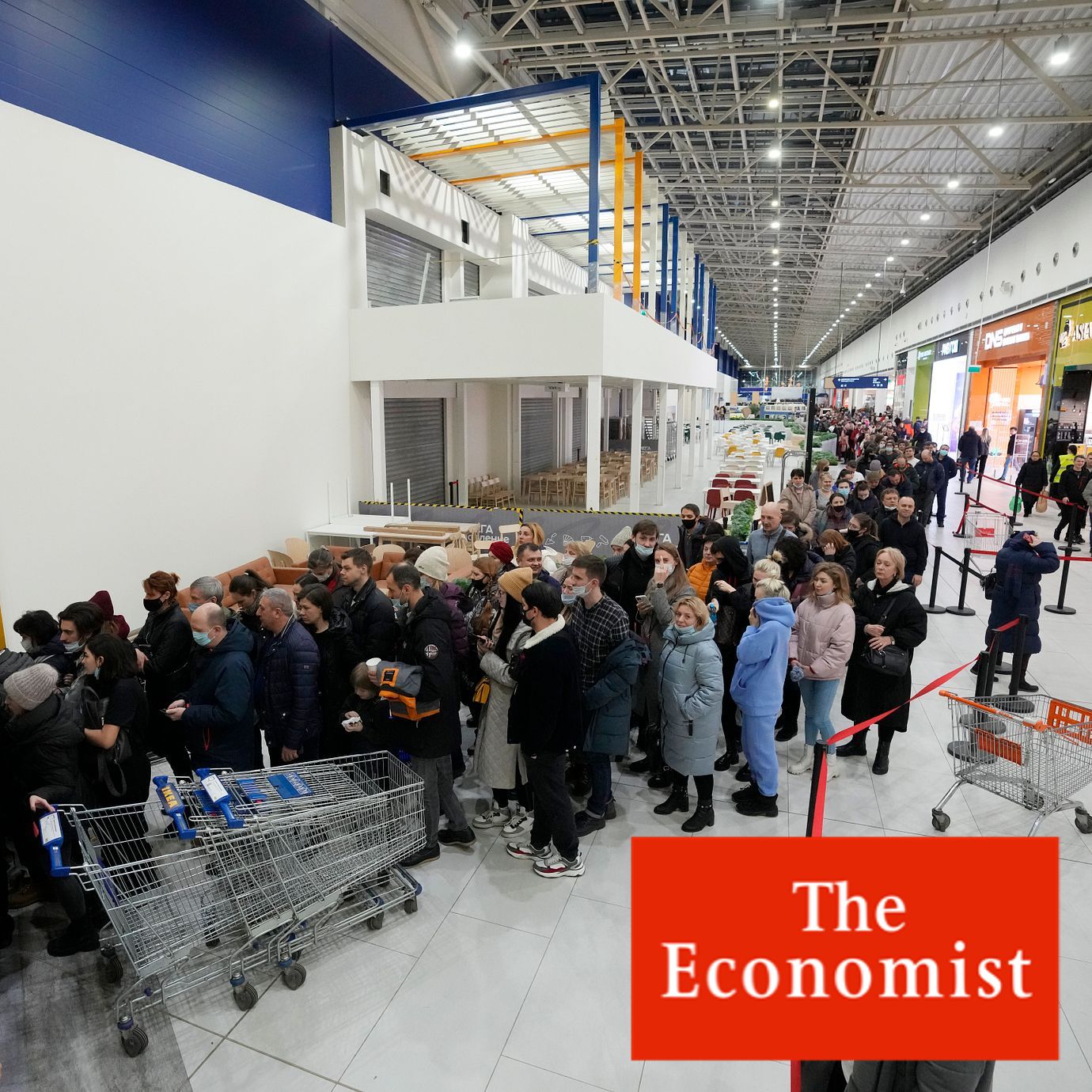 People wait in a line to enter the IKEA store at the outskirts of St. Petersburg, Russia, Thursday, March 3, 2022. IKEA is closing its stores and pausing all sourcing in Russia and Belarus from Friday, March 4.