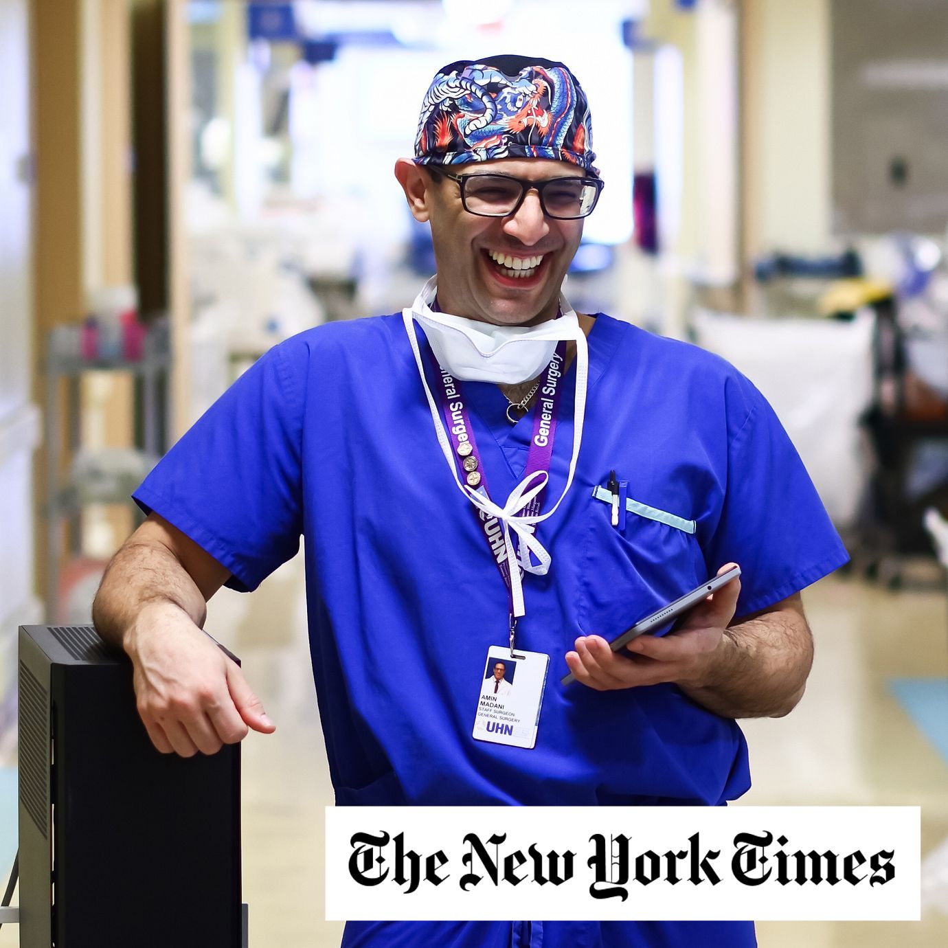 Dr. Amin Madani alongside the computer system that powers his artificial intelligence surgical guide program at Toronto General Hospital.