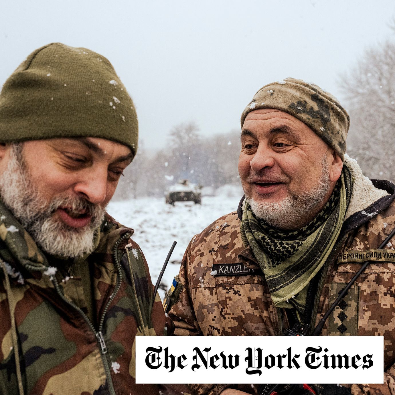 The tank commander Poltava, left, and his deputy, Chancellor, preparing to head toward the front line near Bakhmut, Ukraine on March 7, 2023. While both were trained in tank warfare, they left their military careers in the early 1990s, only to resume them in the current war.