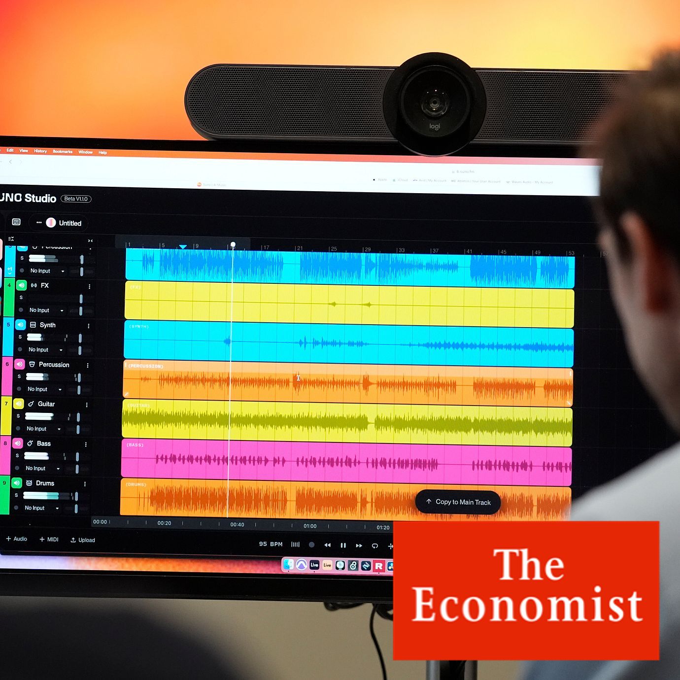 Waveforms of audio files from various instruments are displayed on a computer screen during the creation of an AI musical piece at SUNO.