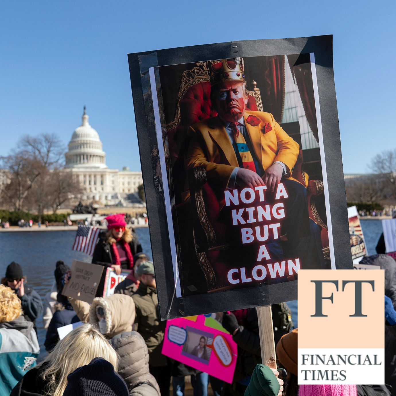 A protest on Presidents Day in Washington, in support of federal workers and against recent actions by Donald Trump and Elon Musk, on Capitol Hill in Washington, Feb. 17, 2025.